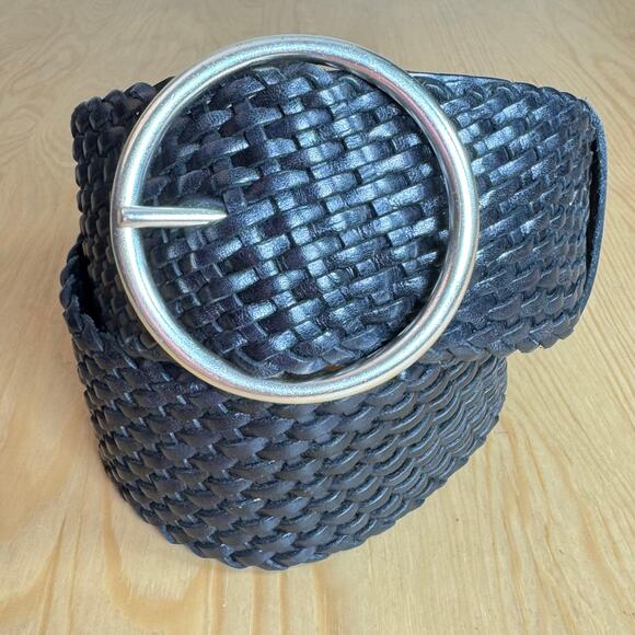 Eddie Bauer Accessories - Eddie Bauer Women’s Belt Wide Woven Leather Black M/L Solid Brass Silver Tone